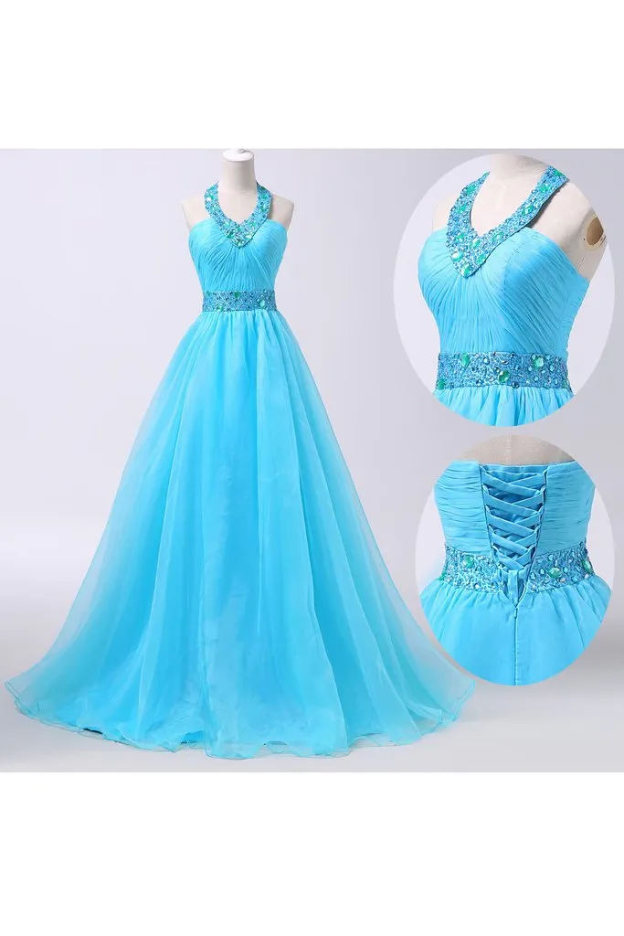 2019 Newest Ice Blue Long Chiffon Beaded Formal Prom Dresses PFP1251