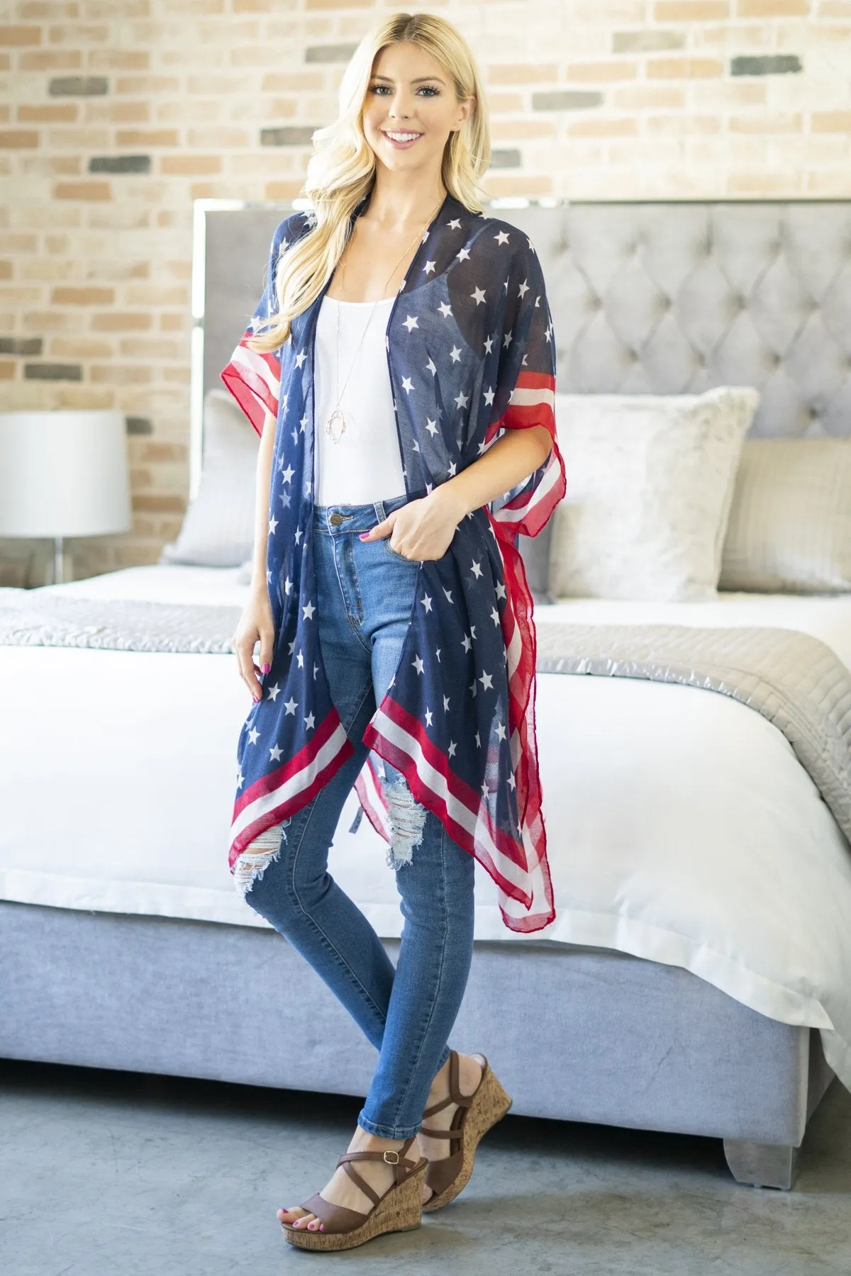 AMERICAN WOMAN - Knee Length Kimono Beach Coverup