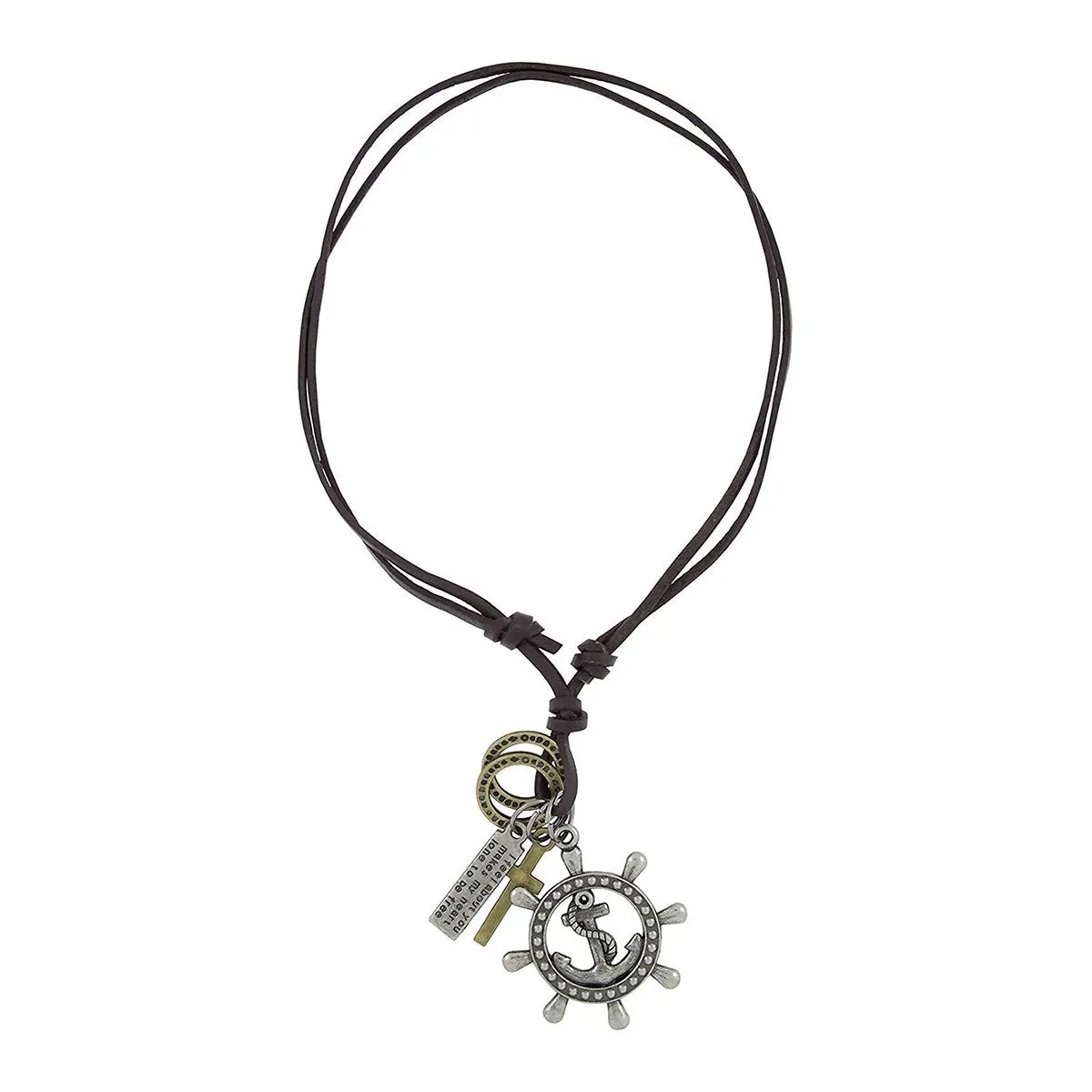 Anchor Cross Bronze Vintage Dog Tag Oxidised Leather Pendant Chain