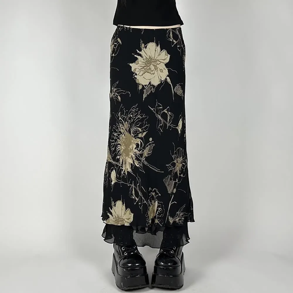 Black Vintage Y2K Floral Maxi Skirt