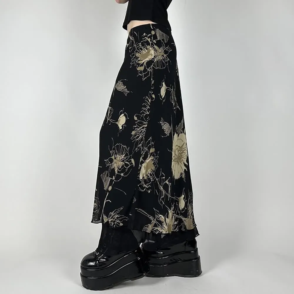 Black Vintage Y2K Floral Maxi Skirt