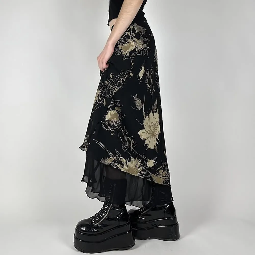 Black Vintage Y2K Floral Maxi Skirt