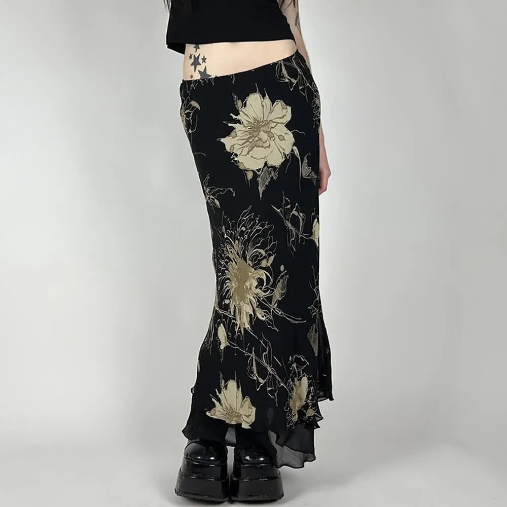 Black Vintage Y2K Floral Maxi Skirt