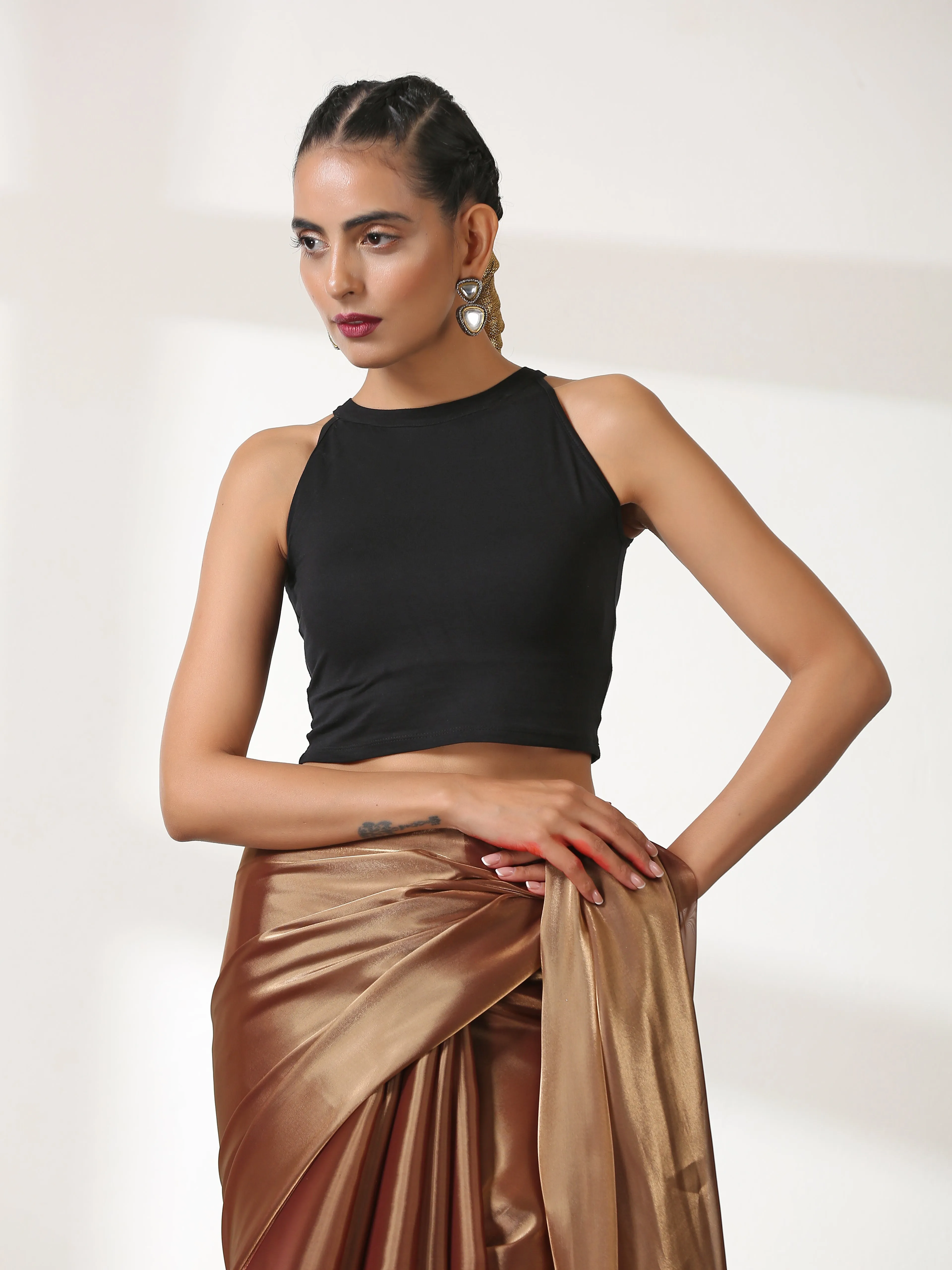 Blouse - Sleeveless Stretchy Crop Knit Black Top