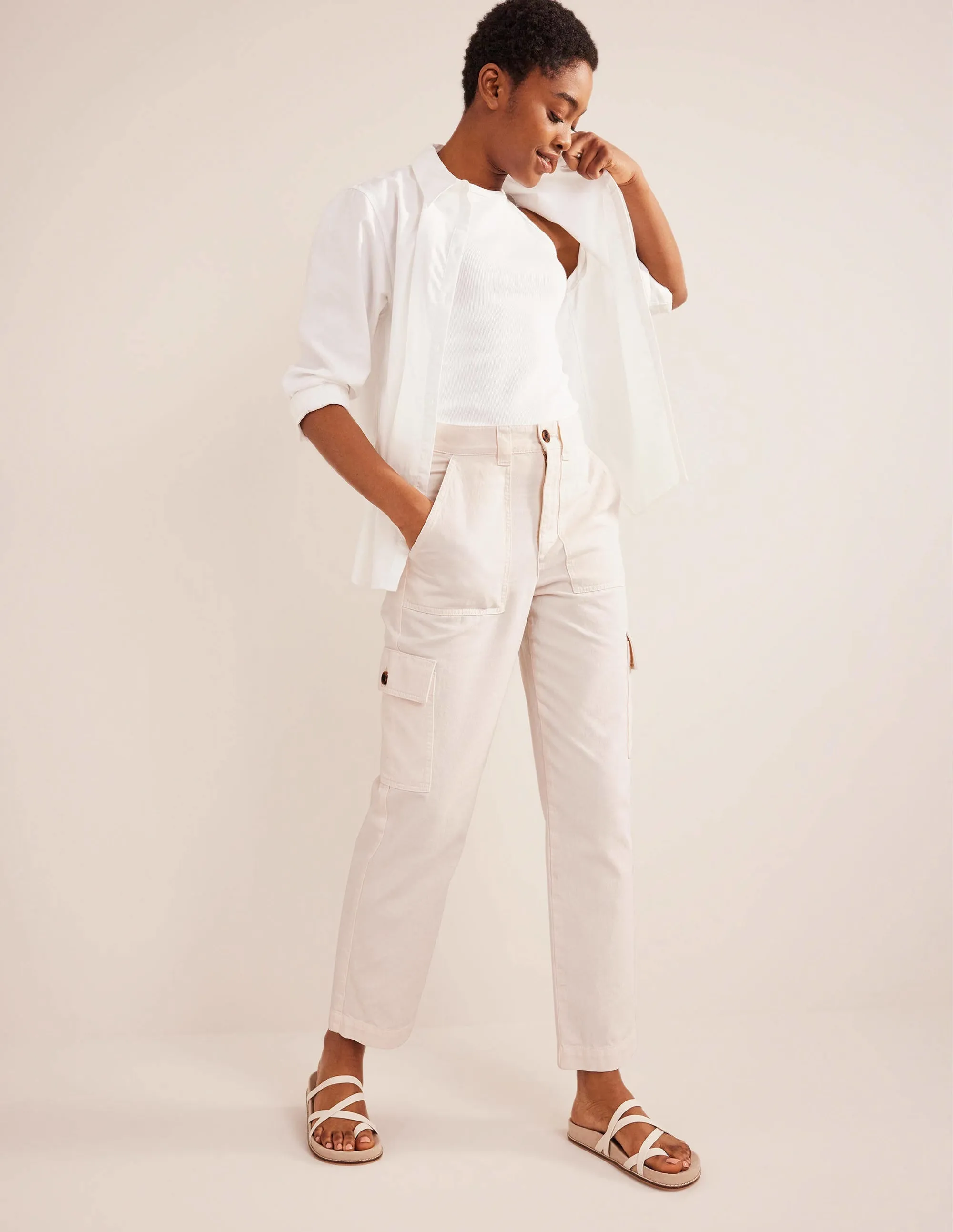 Casual Cargo Trousers-Ecru
