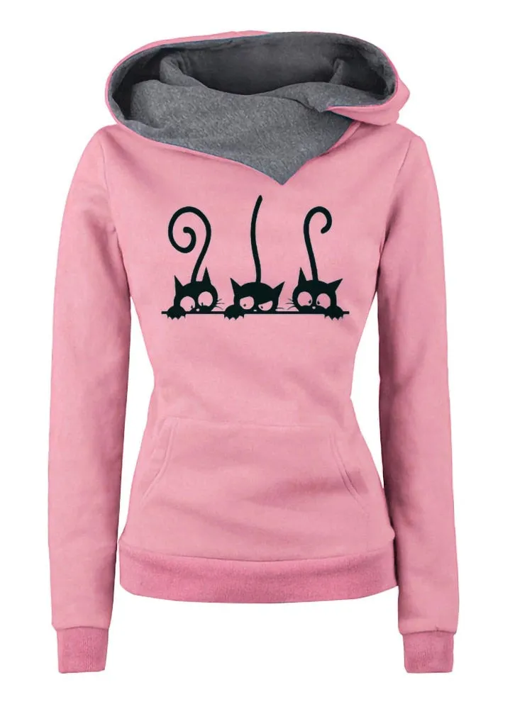Cat Print Long Sleeve Slim Fit Warm Hoodie