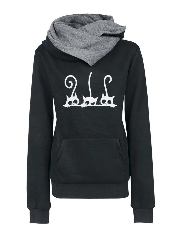 Cat Print Long Sleeve Slim Fit Warm Hoodie