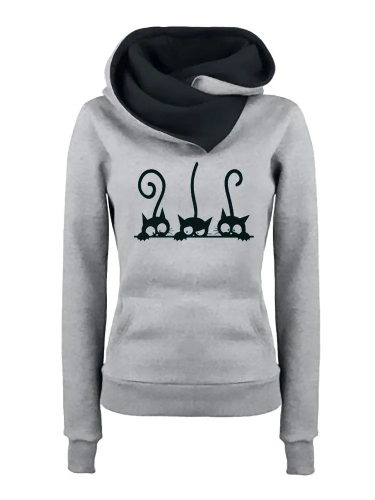 Cat Print Long Sleeve Slim Fit Warm Hoodie