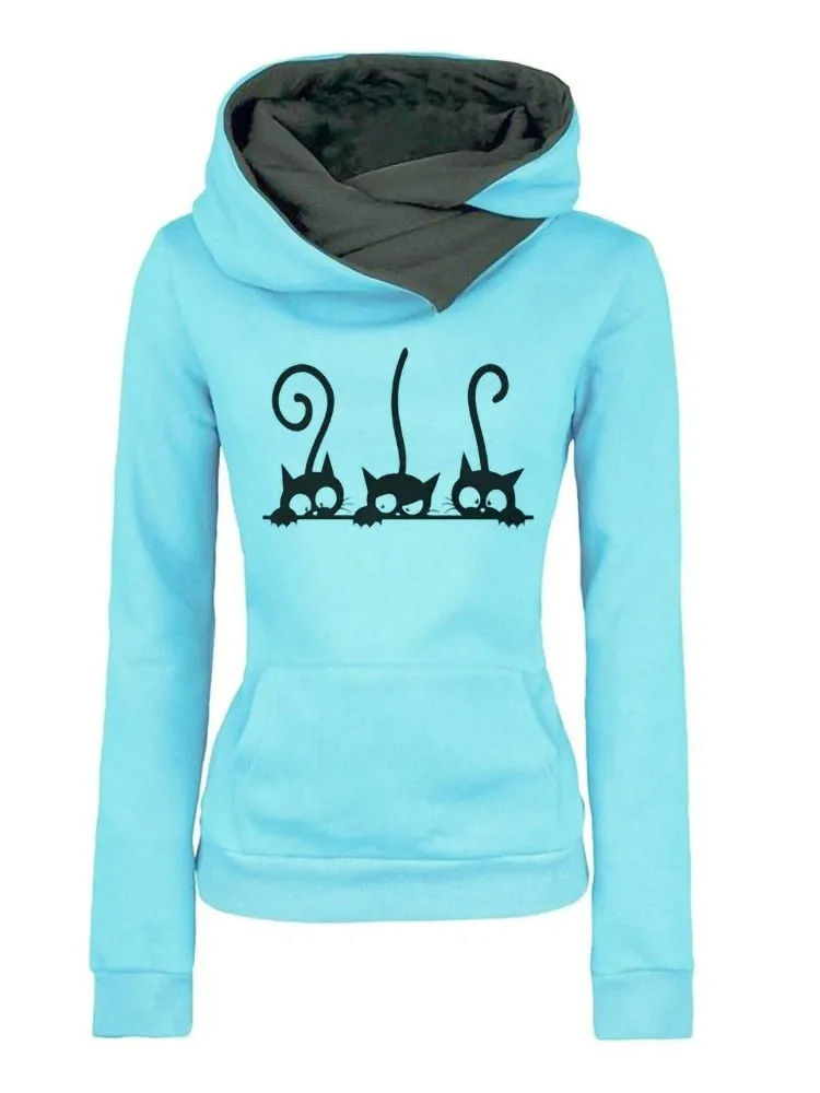 Cat Print Long Sleeve Slim Fit Warm Hoodie