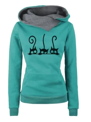 Cat Print Long Sleeve Slim Fit Warm Hoodie