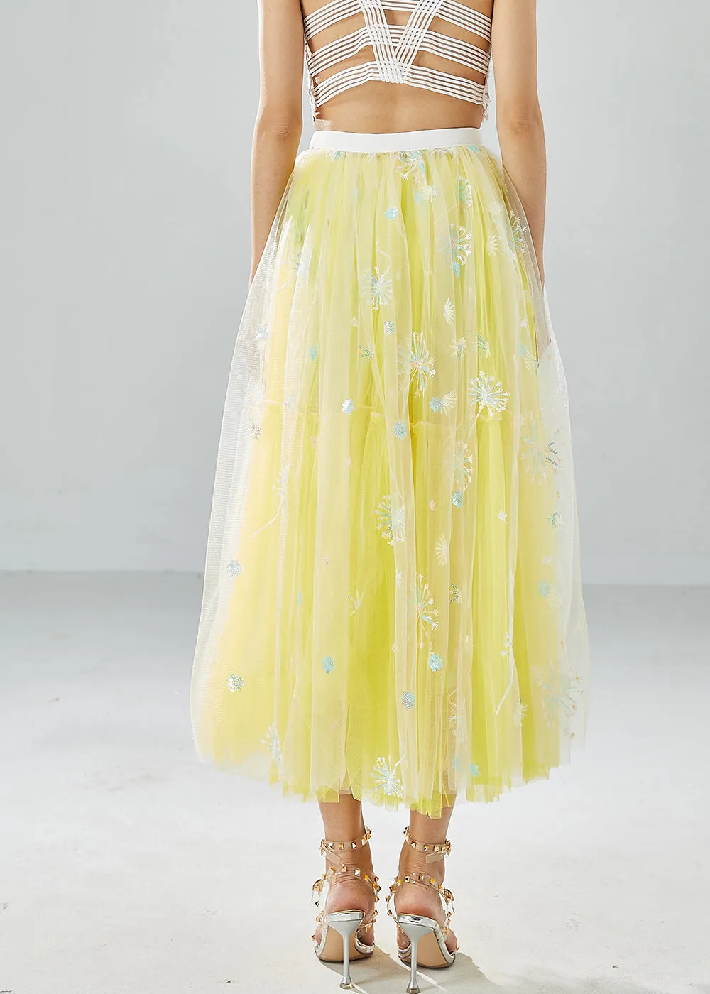 Chic Yellow Dandelion Embroideried Wear On Both Sides Tulle Skirts Summer LY6075
