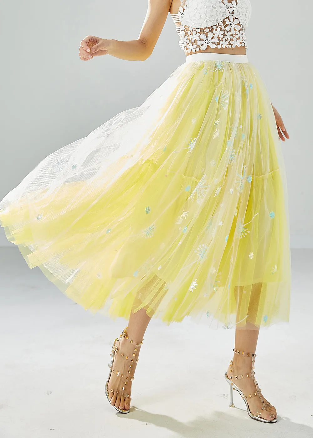 Chic Yellow Dandelion Embroideried Wear On Both Sides Tulle Skirts Summer LY6075