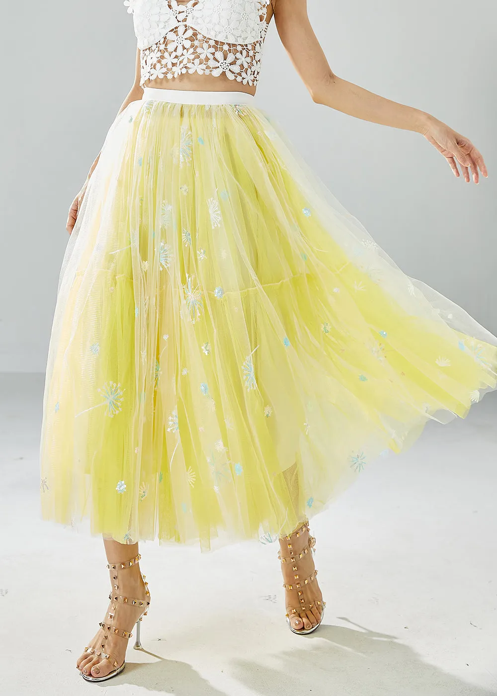 Chic Yellow Dandelion Embroideried Wear On Both Sides Tulle Skirts Summer LY6075