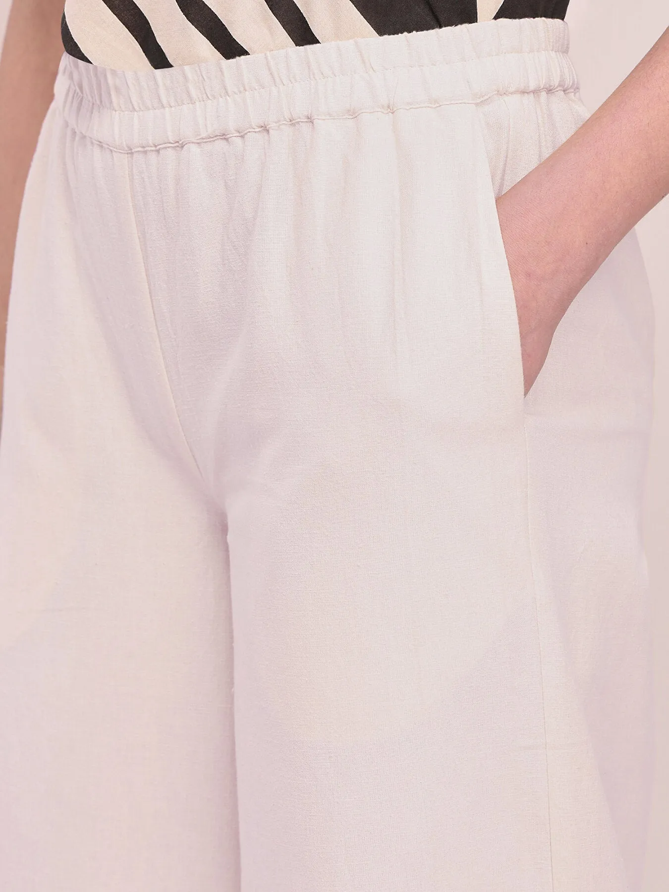 Cotton Linen Solid Wide-Leg Trousers - Off White