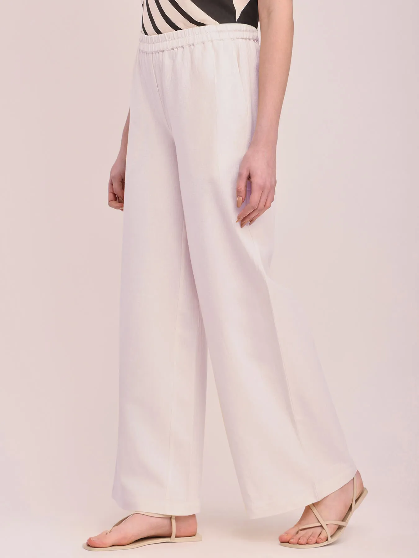 Cotton Linen Solid Wide-Leg Trousers - Off White
