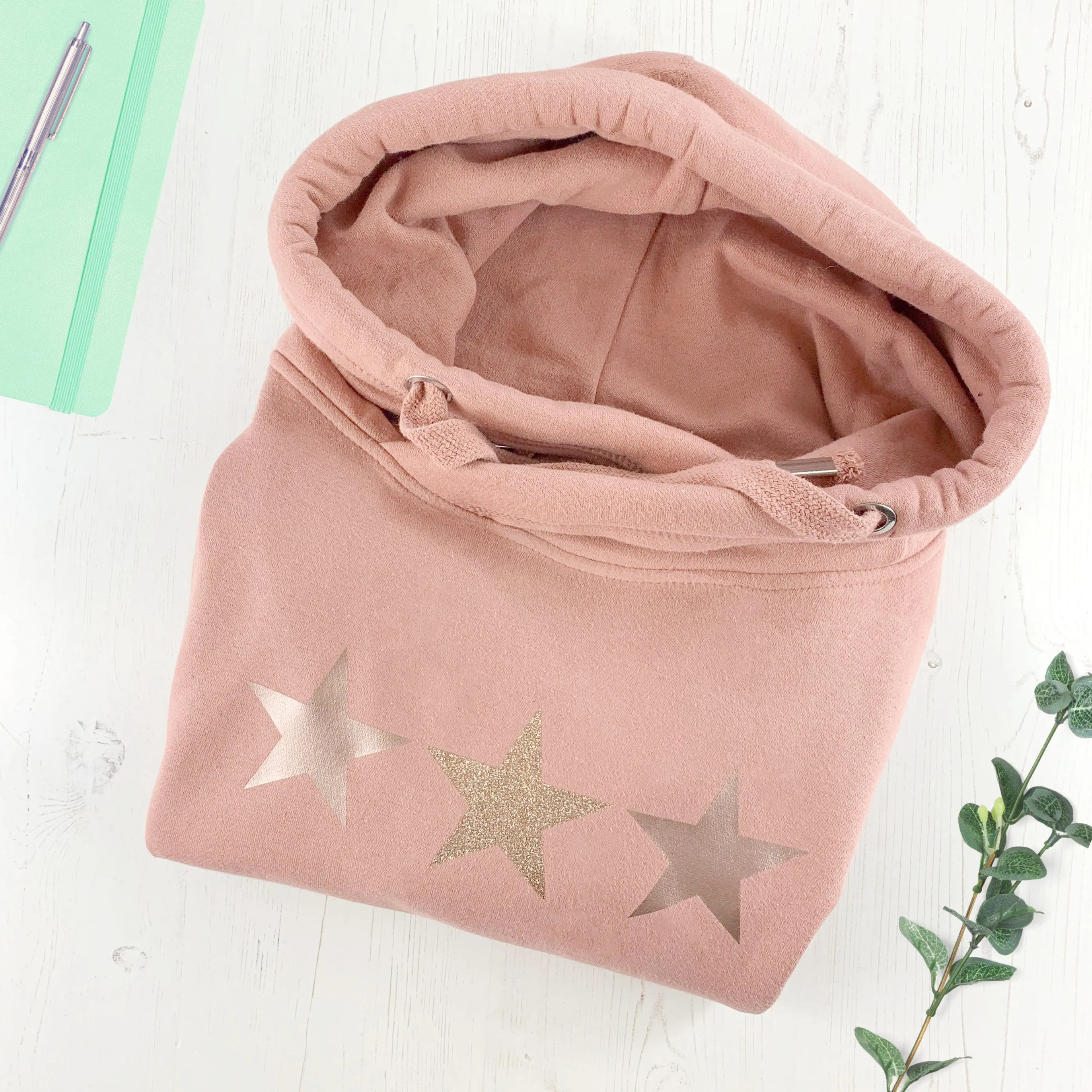 Dusky Pink Glitter Stars Luxe Cowl Neck Hoodie