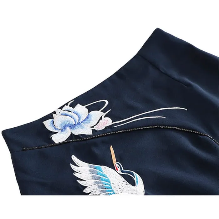 Elegant Floral Tassel Shirt Bird Print Skirt Set