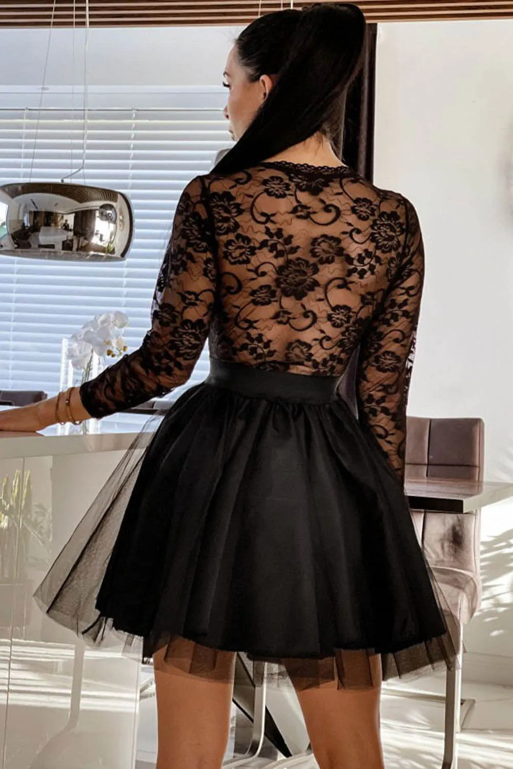 Elegant Mesh Lace Flare Mini Dress