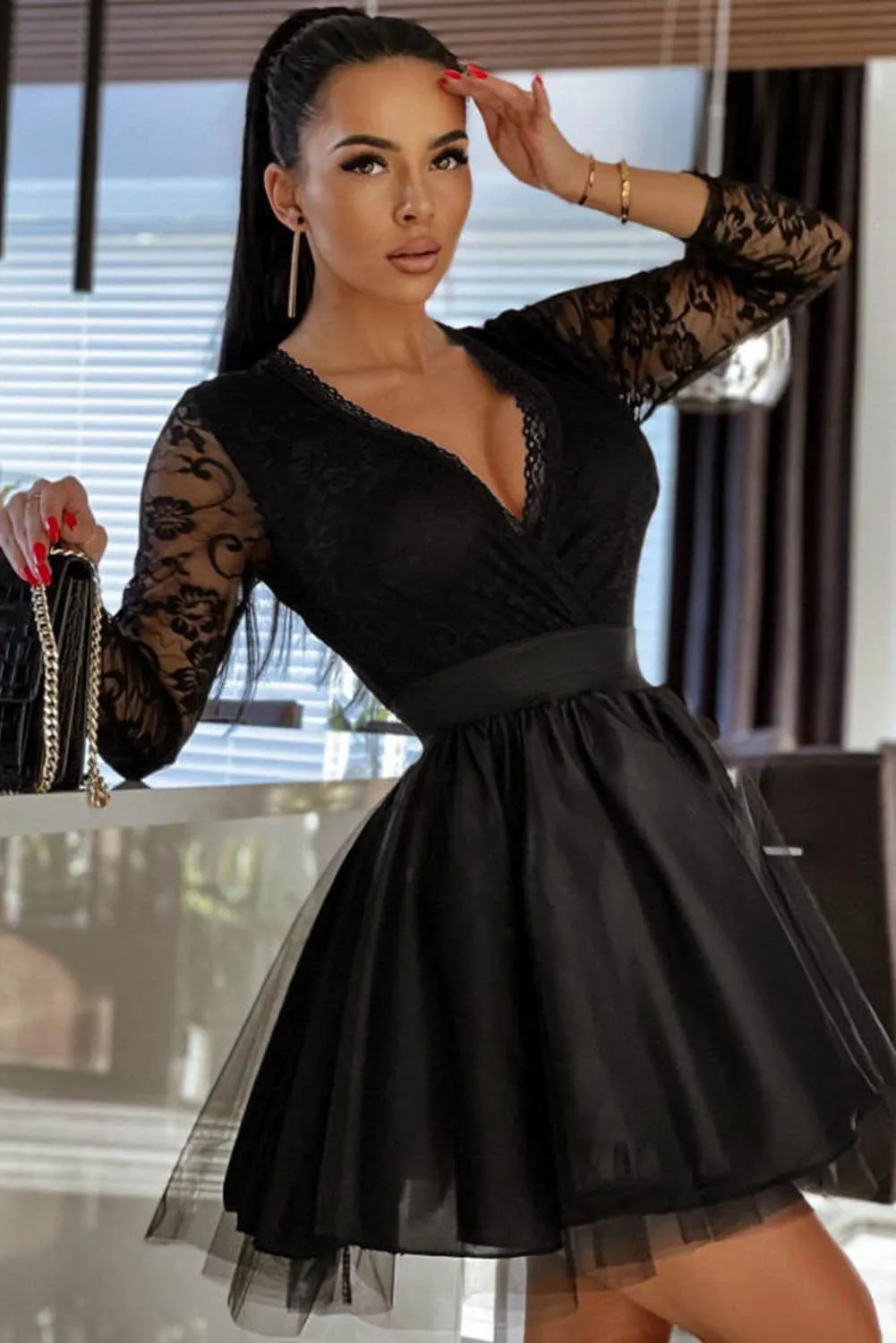 Elegant Mesh Lace Flare Mini Dress