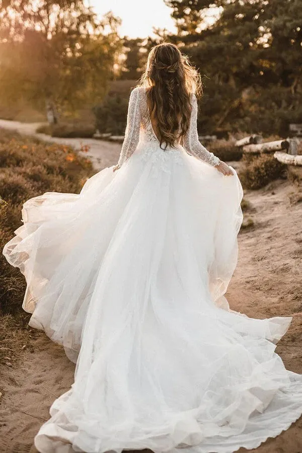 Elegant Tulle A-line V-neck Long Sleeves Wedding Dresses With Lace, SW659