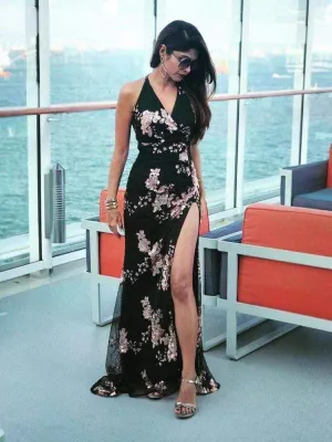 Halter Sequin Flower Black Dress