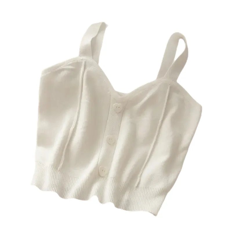 Heart Buttons Knitted Sleeveless Crop Top