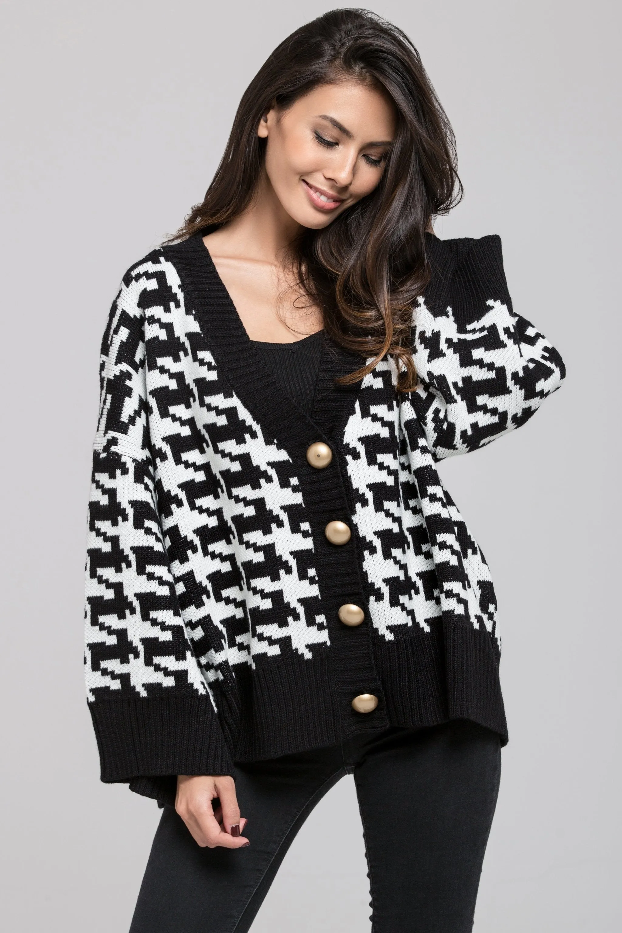 Houndstooth Oversized Dome Button Detail Cardigan