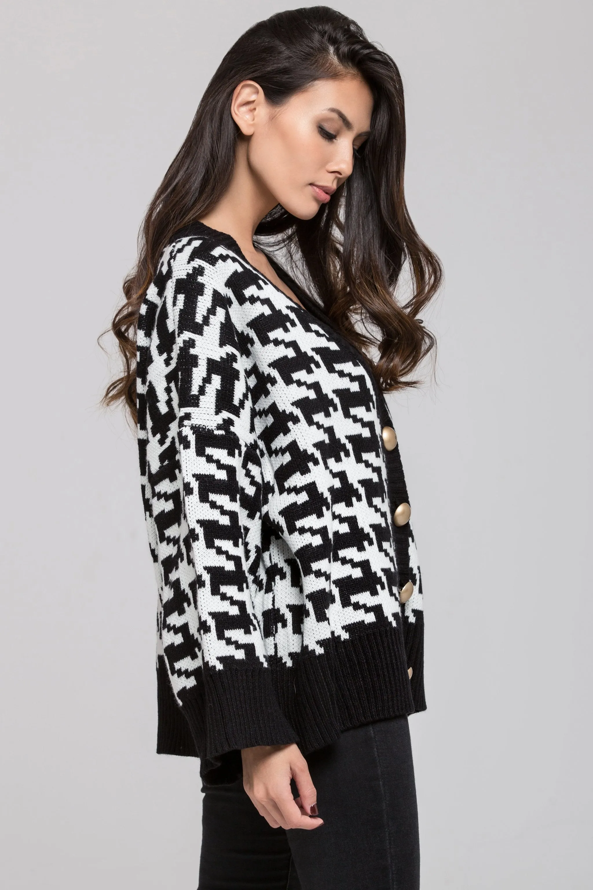 Houndstooth Oversized Dome Button Detail Cardigan