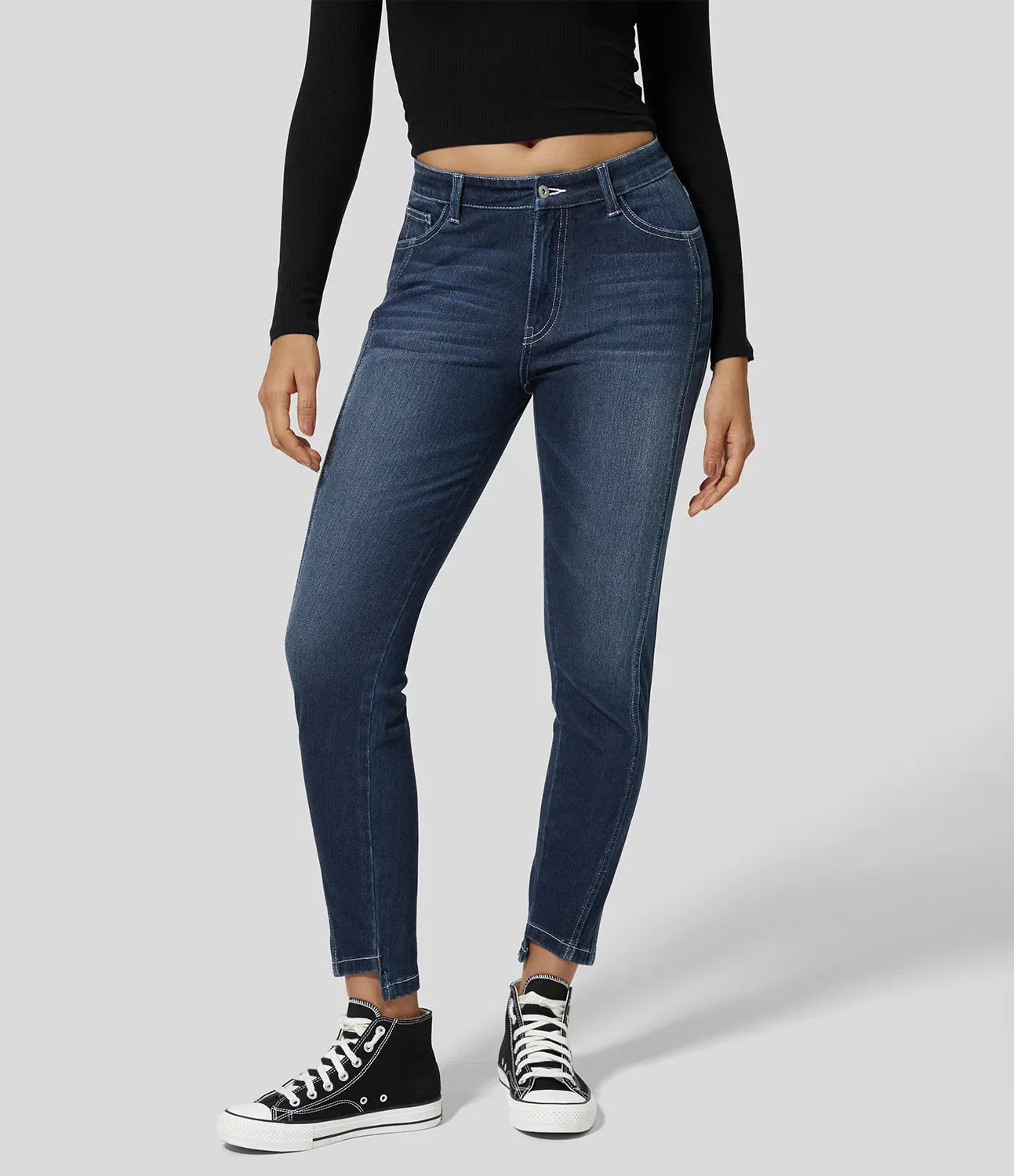 Mid Rise Button Zipper Multiple Pockets Stretchy Knit Casual Skinny Jeans