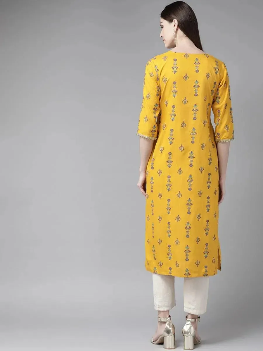 Mustard Printed Rayon Kurta