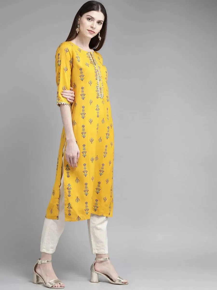 Mustard Printed Rayon Kurta