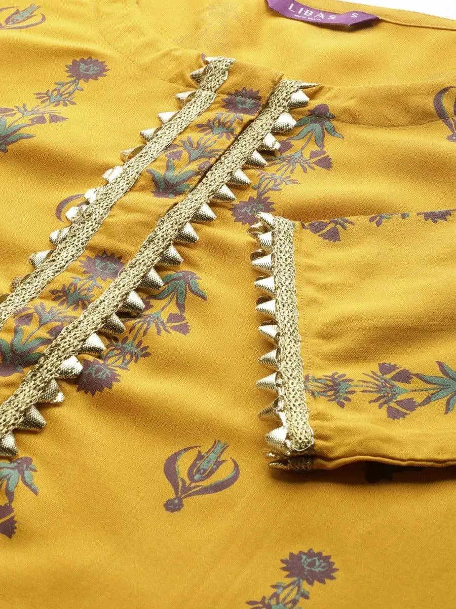 Mustard Printed Rayon Kurta