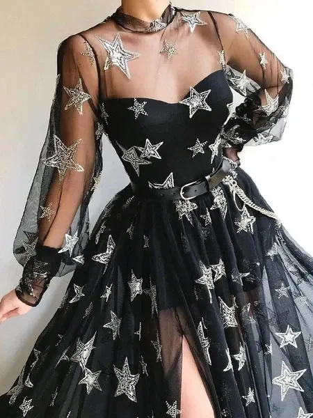Promfast Popular Black Illusion Star Printed Long Sleeves Tulle A-Line Prom Dresses PFP1836