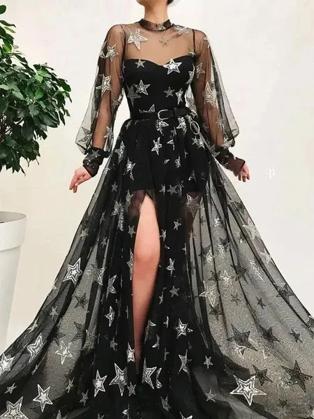 Promfast Popular Black Illusion Star Printed Long Sleeves Tulle A-Line Prom Dresses PFP1836