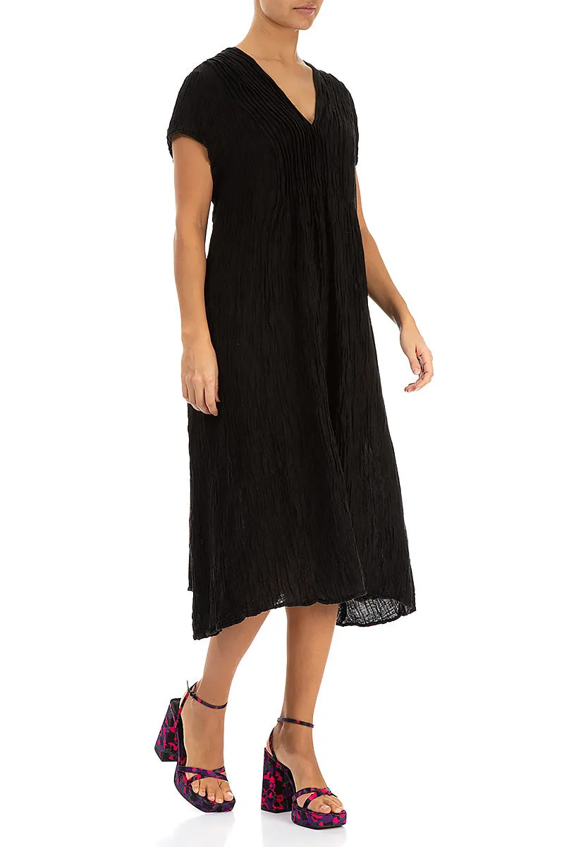 Romantic Crinkled Black Silk Midi Dress