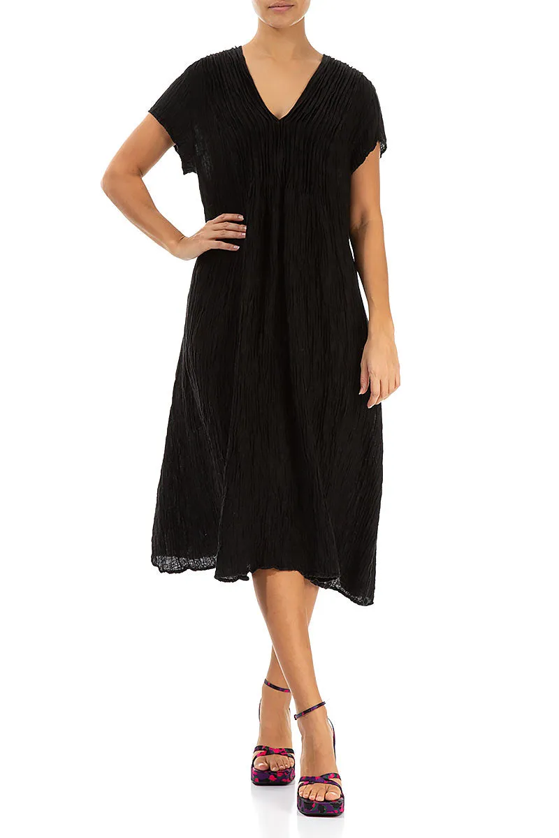 Romantic Crinkled Black Silk Midi Dress