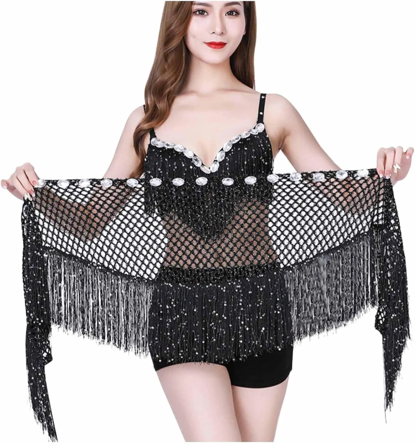 Sequin Tassel Skirt for Women Belly Dance Hip Scarf Wrap Sparkly Fringe Skirt Rave Festival Outfit Halloween Costume