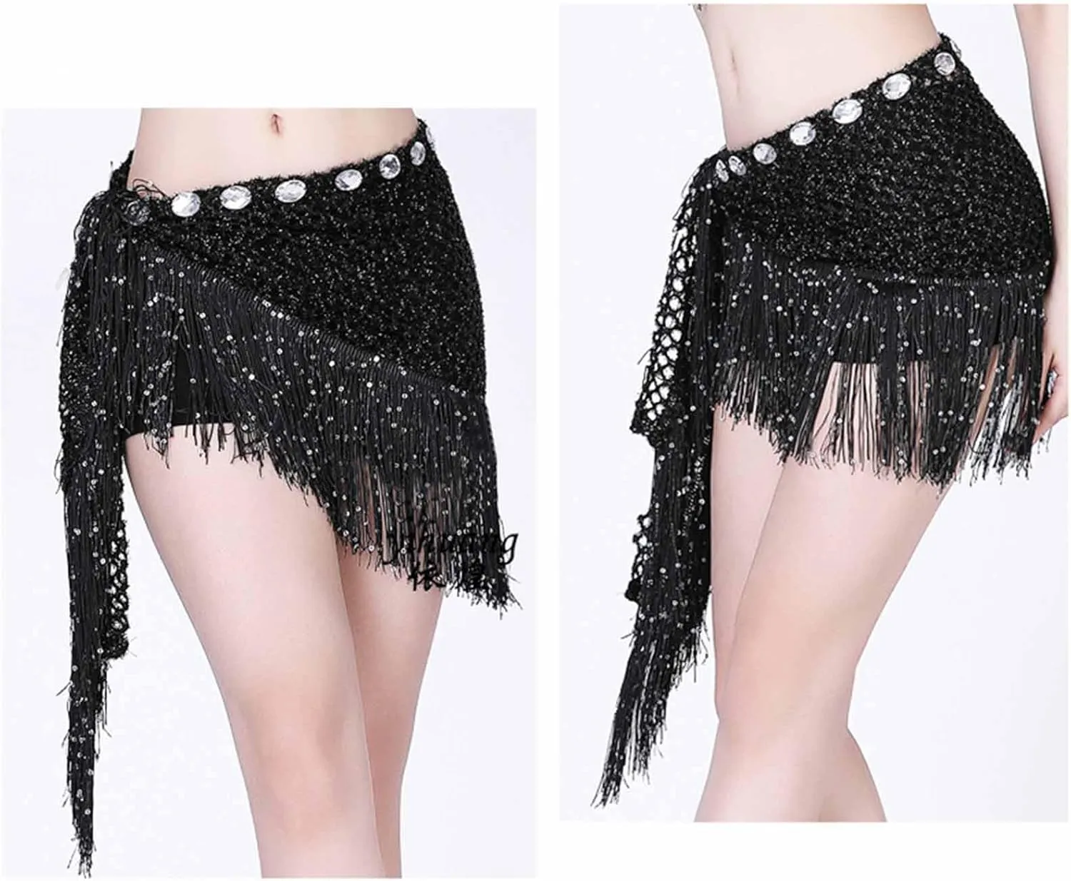 Sequin Tassel Skirt for Women Belly Dance Hip Scarf Wrap Sparkly Fringe Skirt Rave Festival Outfit Halloween Costume