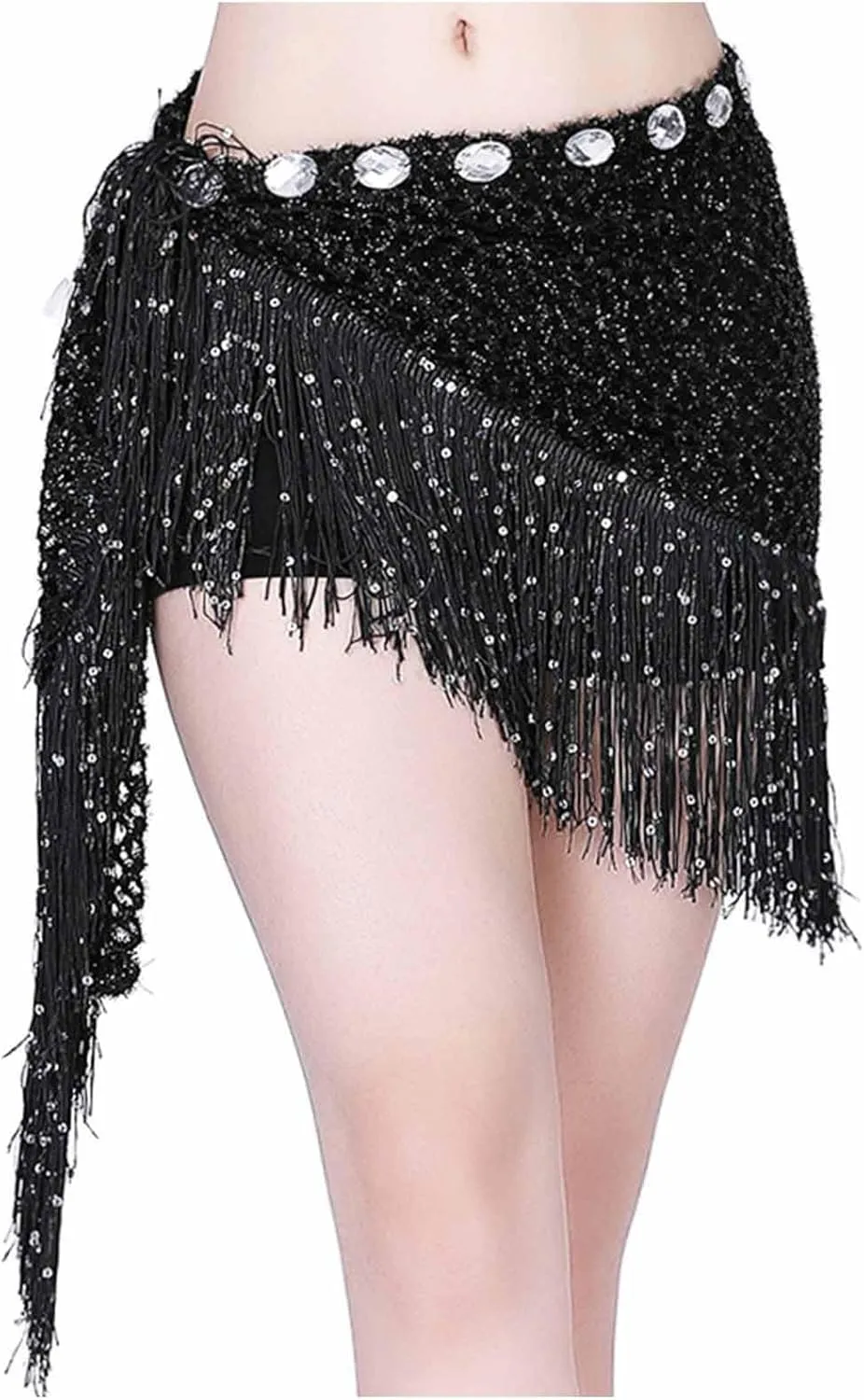 Sequin Tassel Skirt for Women Belly Dance Hip Scarf Wrap Sparkly Fringe Skirt Rave Festival Outfit Halloween Costume