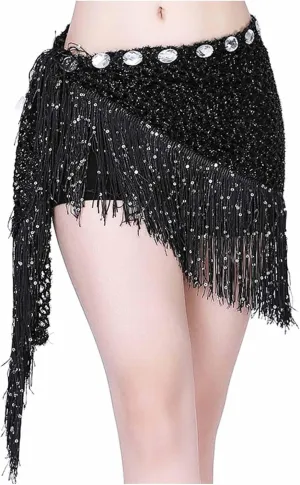 Sequin Tassel Skirt for Women Belly Dance Hip Scarf Wrap Sparkly Fringe Skirt Rave Festival Outfit Halloween Costume