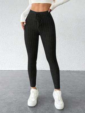 Solid Color Drawstring Leggings - Casual, Stretchy Skinny for Everyday Wear