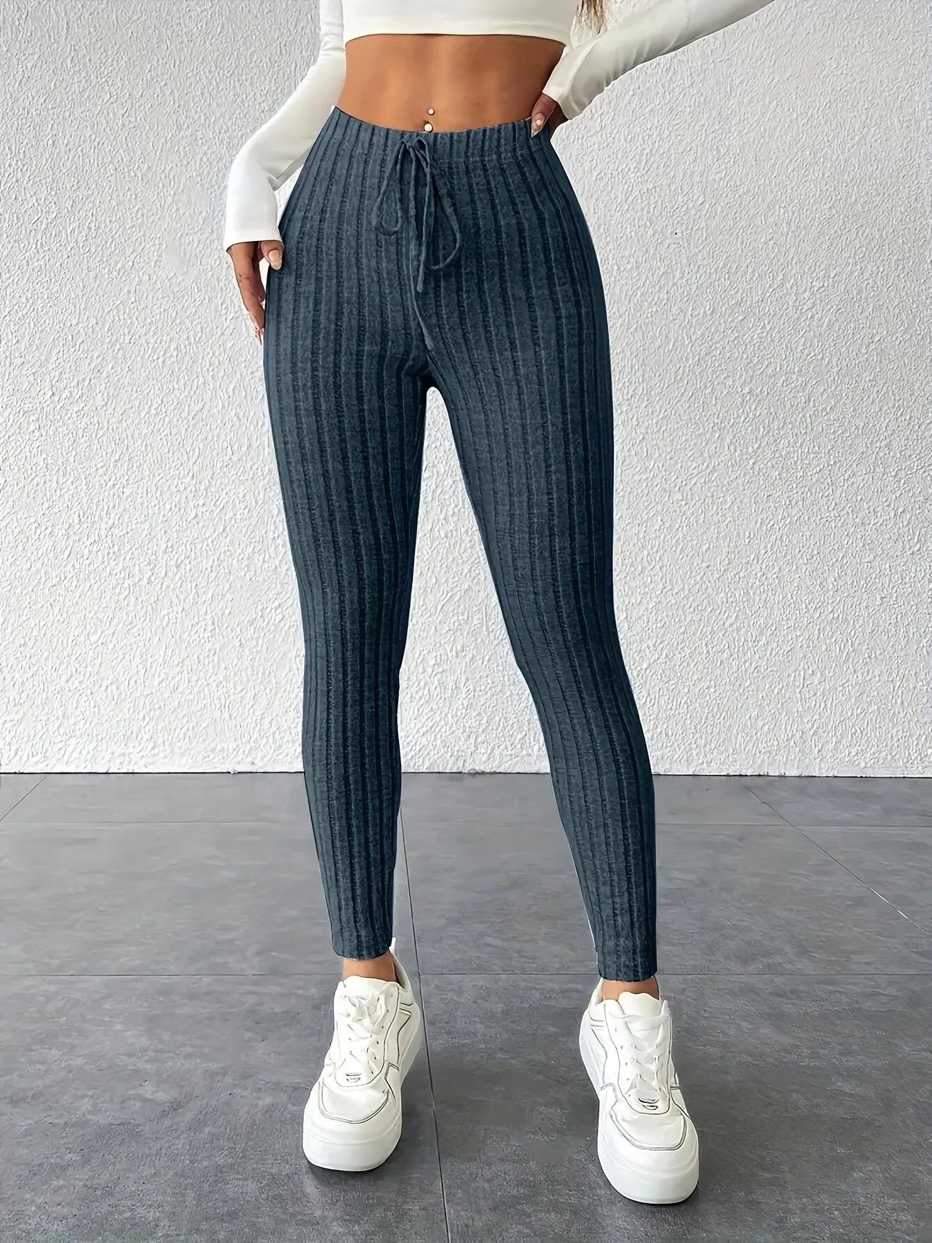 Solid Color Drawstring Leggings - Casual, Stretchy Skinny for Everyday Wear