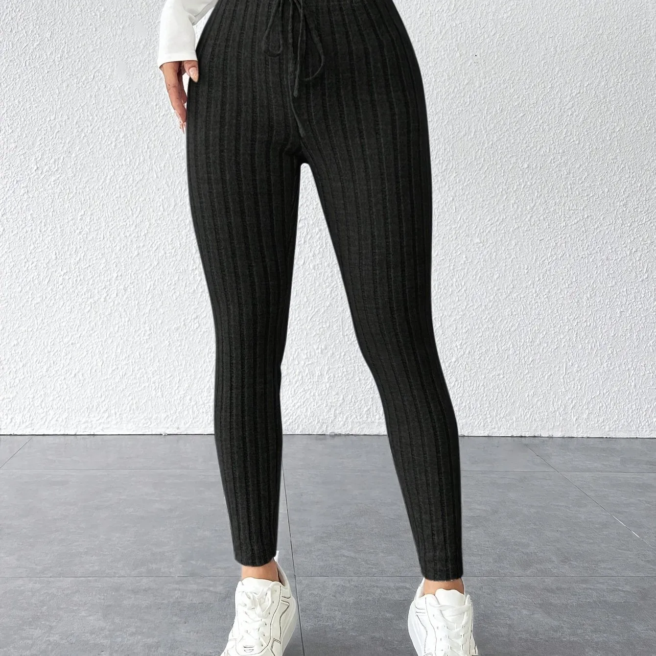 Solid Color Drawstring Leggings - Casual, Stretchy Skinny for Everyday Wear