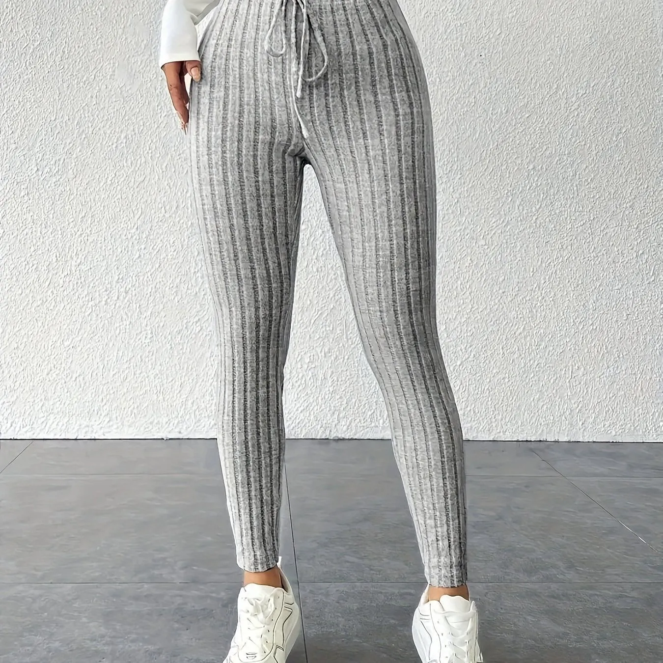 Solid Color Drawstring Leggings - Casual, Stretchy Skinny for Everyday Wear