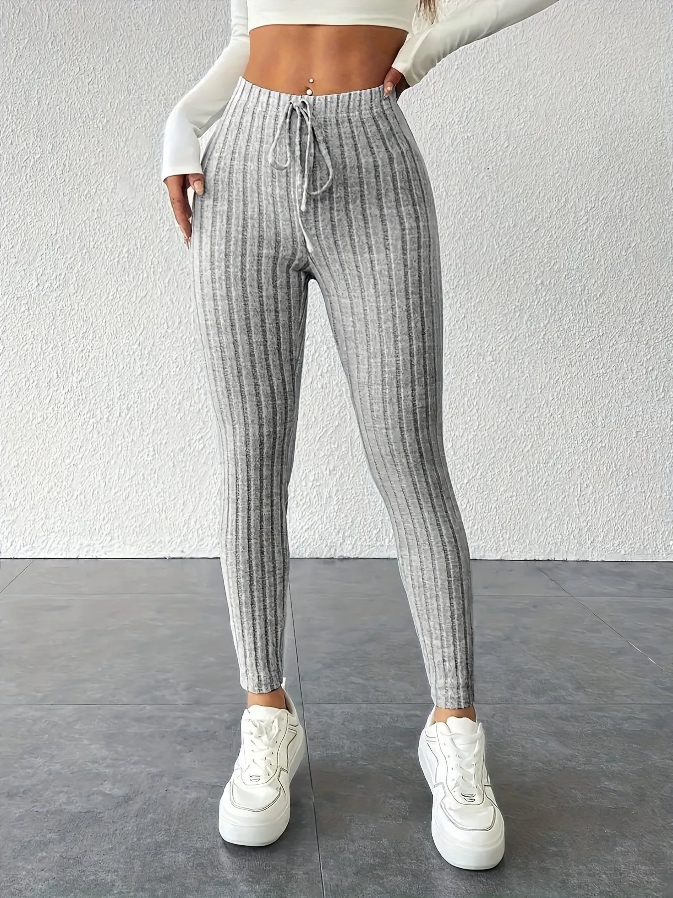 Solid Color Drawstring Leggings - Casual, Stretchy Skinny for Everyday Wear
