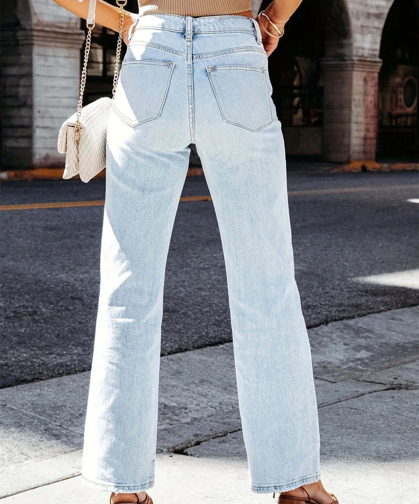 Stylish Light Wash Stretchy Wide Leg Jeans