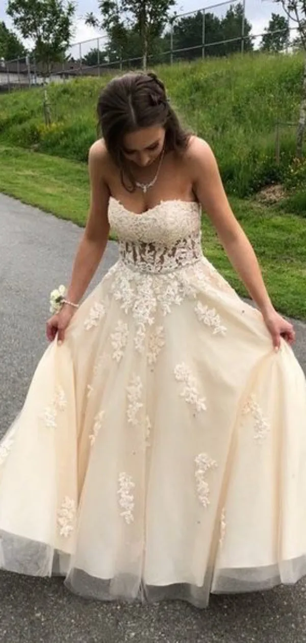 Sweetheart Strapless Long Wedding Dresses, Elegant Lace Wedding Dresses