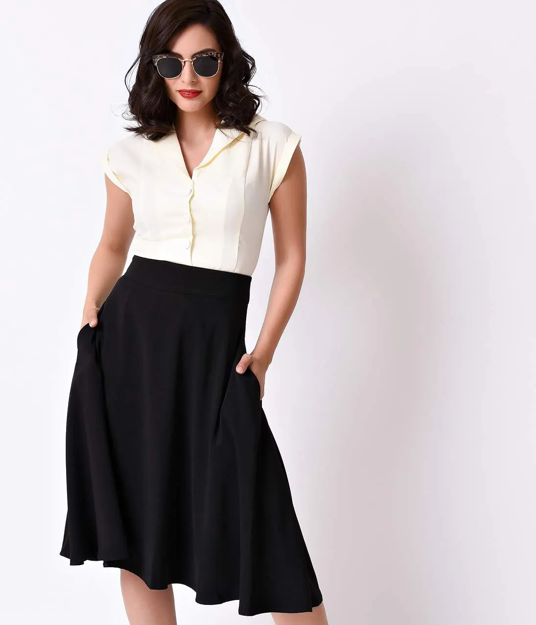 Unique Vintage Retro Style Black High Waist Vivien Swing Skirt