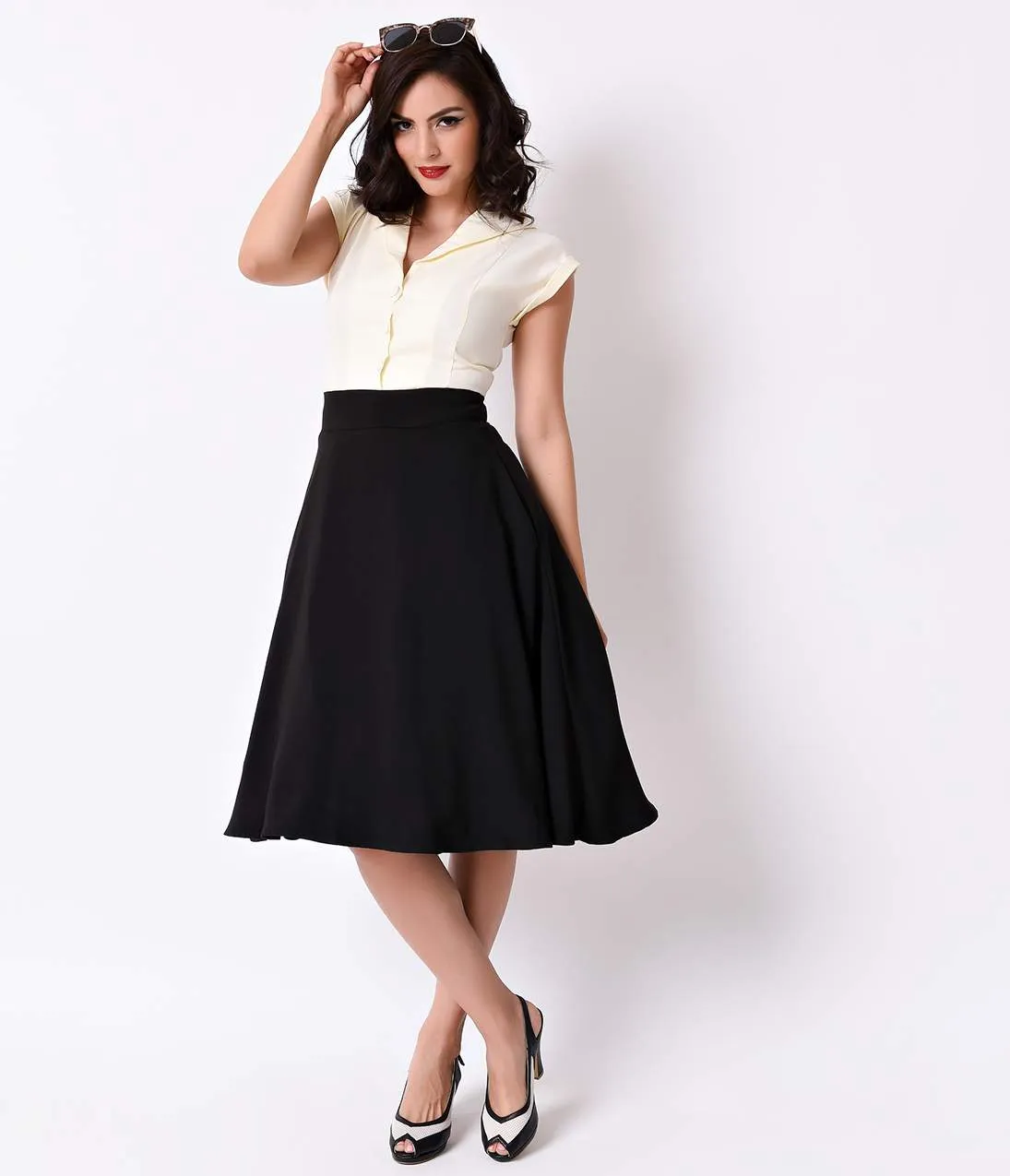 Unique Vintage Retro Style Black High Waist Vivien Swing Skirt