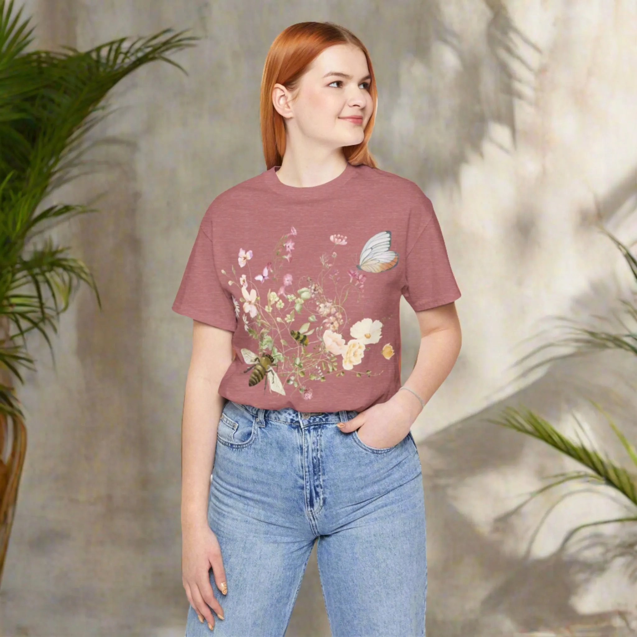 Unisex Vintage Wild Flower and Bee Jersey Short Sleeve Tee